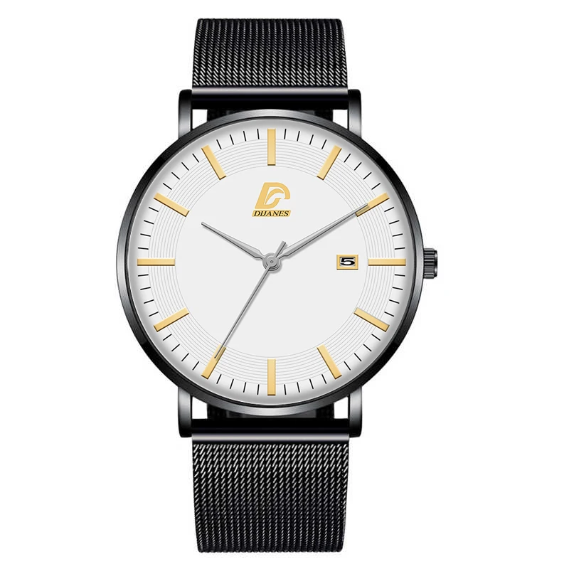 Reloj Hombre роскошные мужские модные бизнес минималистичные часы ультра тонкие из нержавеющей стали с сетчатым ремешком аналоговые кварцевые часы - Цвет: Mesh Black Gold