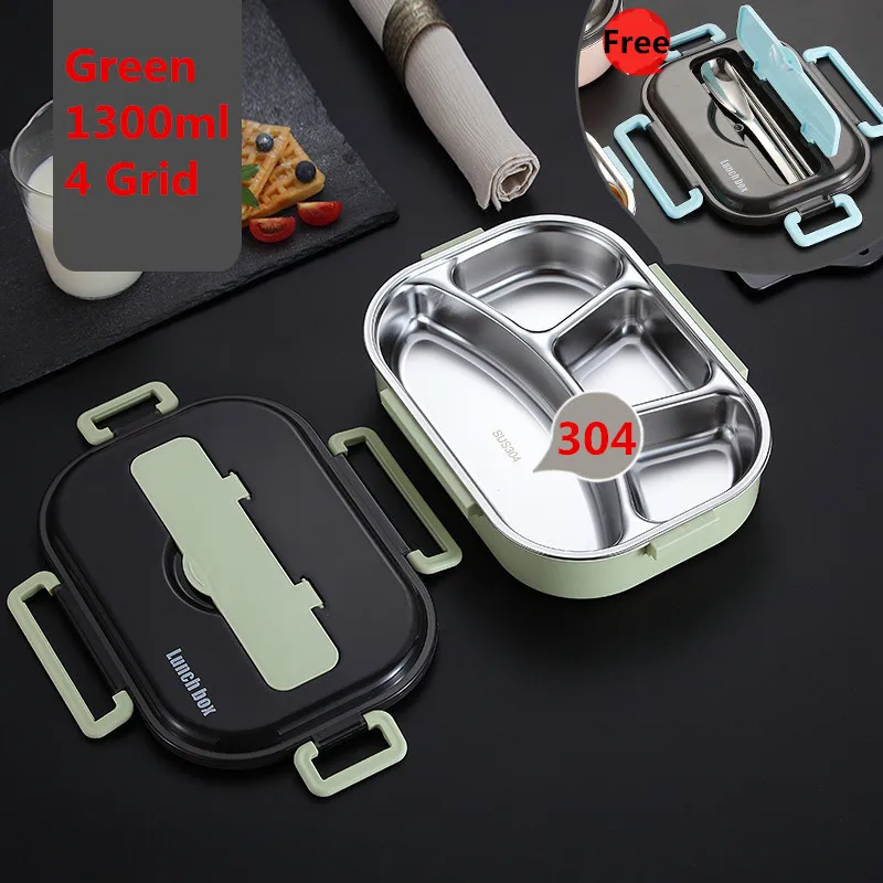 1300ml 4 Grid Green Японский детский термо-Ланч-бокс из нержавеющей стали 304, Bento с отсеком, посуда, контейнер для микроволновой печи, термос для еды - Цвет: 1300ml 4 Grid Green