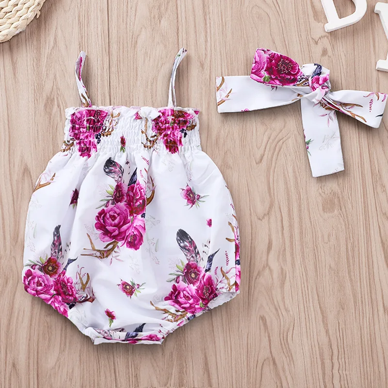 Милый комбинезон; Комплект для младенцев; повязка на голову и цветочный комбинезон без рукавов без спинки для маленьких девочек; летняя одежда для малышей