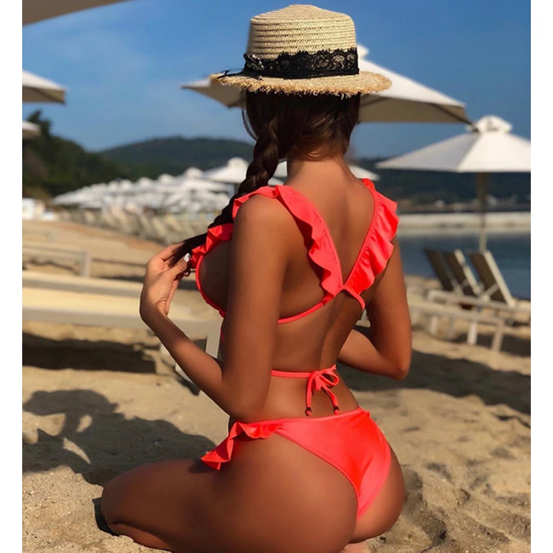 

Bikinis Swimwear 2019 Mujer Sexy V Neck Ruffle Swimsuit Women's Bandage Beach Bikini Set Bathing Suit Female Solid Swimming Suit