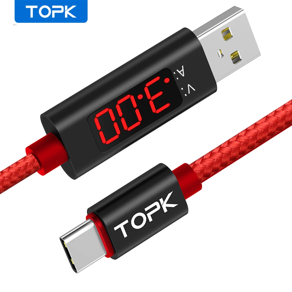 TOPK 3A (макс.) Отображение напряжения и тока Кабель USB Type C с нейлоновой оплеткой QC 3 0