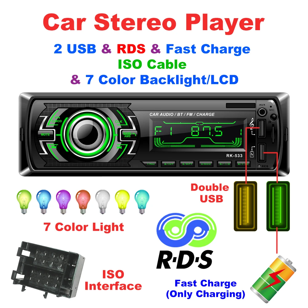 

1 Din Car Radio RDS FM DC 12V autoradio stereo indash BluetoMP3 player Two USB Charger TF card reader AUX SWC Remote support