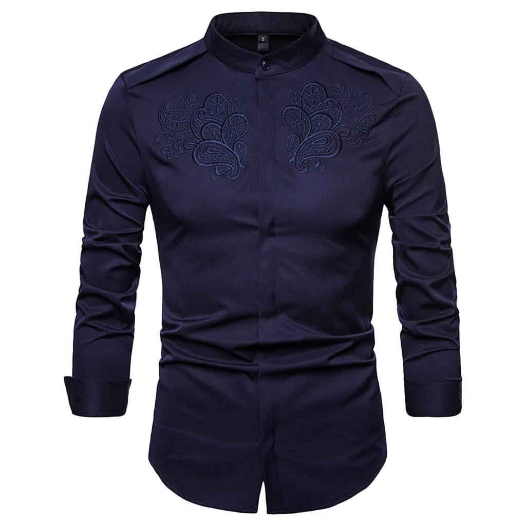 NAVY Vogue Мужская Осенняя зимняя Роскошная Повседневная рубашка с золотой вышивкой и длинным рукавом, топ, блузка - Цвет: NAVY