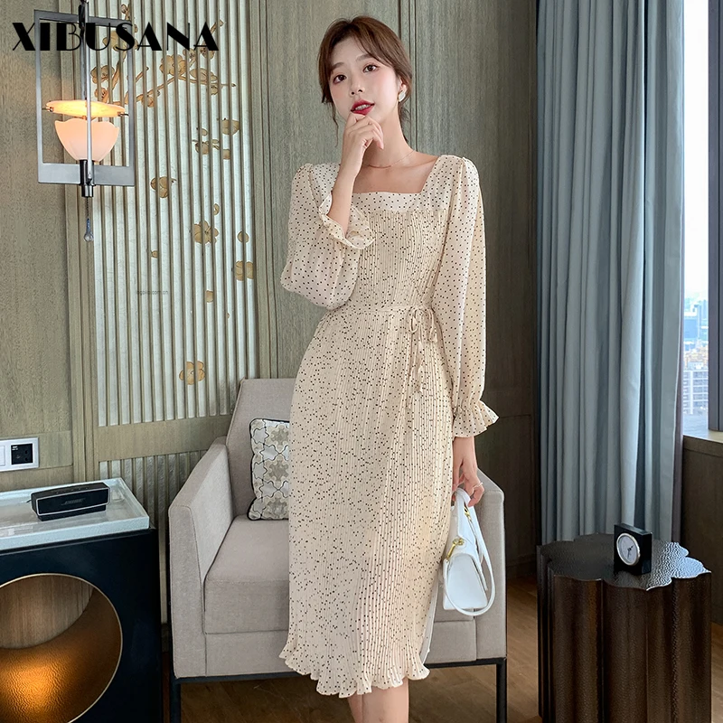 XIBUSANA Apricot Polka Dot Women's Chiffon Dress Autumn Square Collar Pleated Lace Up Slim High Waist Female Midi Vestidos | Женская