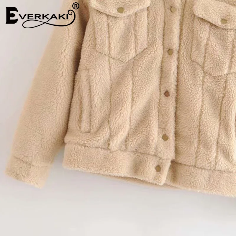 Everkaki/куртки из искусственного плюшевого меха, женские зимние пальто, женские однотонные карманы, пуговицы, толстые женские пальто, куртка женская, зима