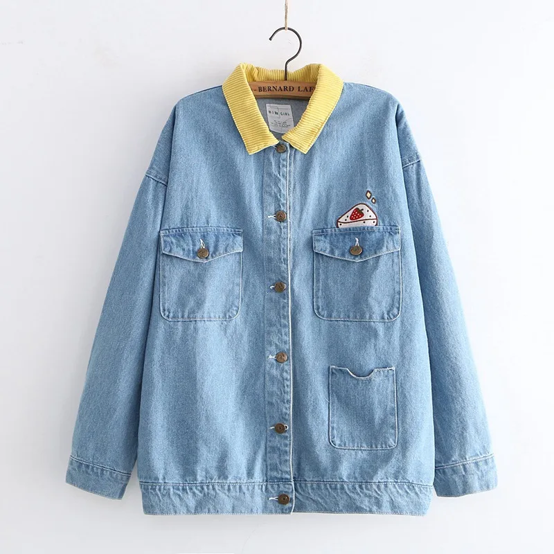 Blue coat Винтажные женские джинсовые куртки японский Мори Милая верхняя одежда с клубничкой Вельвет Воротник Kawaii пальто с вышивкой девушки джинсы пальто - Цвет: Blue coat