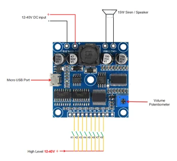 

Industrial Grade 8 Trigger MP3 Module with 15W Amplifier 12-40V MP3 Playback Board Triggered with High Level Positive Pulse