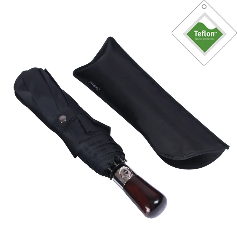 

High-End Creative Solid Wood Automatic Umbrella Customizable Logo Amazon Black And White with Pattern Folding Umbrella Three-fol