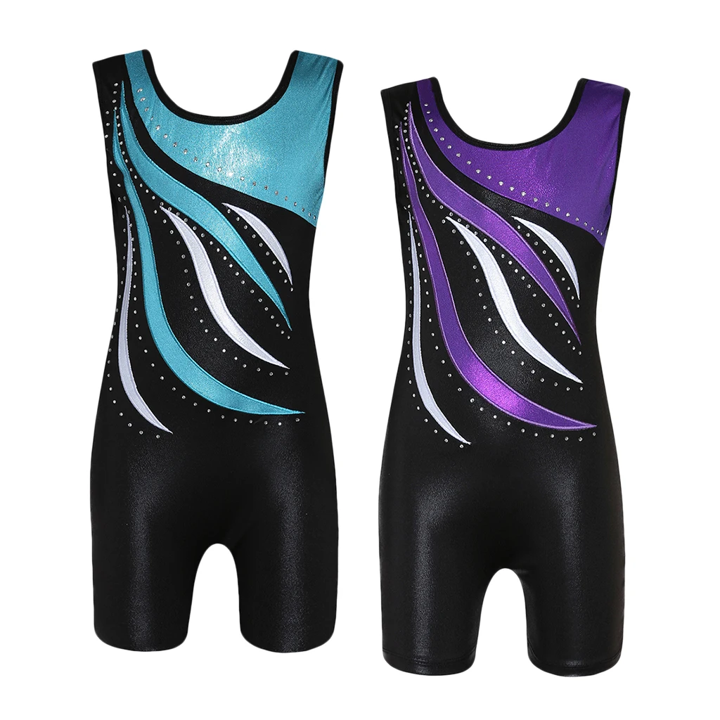 Girls Kids Ballet Dance Gymnastics Leotards Metallic Tank Boy Shorts Sport Unitard Stage Performance Dance Wear