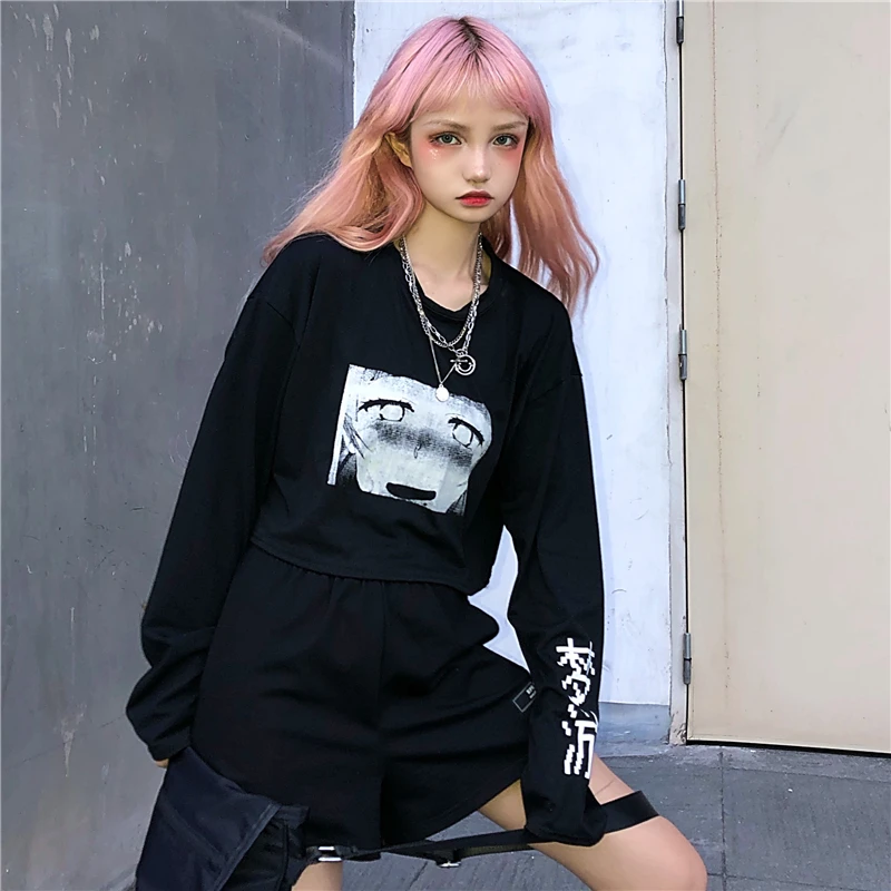 Японский Harajuku Женский Осенний черный короткий топ готичный панк стиль аниме мультфильм Письмо печатная объемная футболка хип хоп Милая футболка рубашка