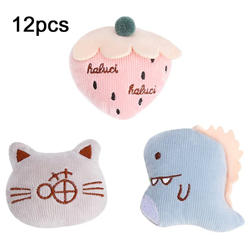 

12 Pcs Cute Cartoon Cat Strawberry Dinosaur Shape Chew Molar Toy Catnip Tooth Cleaning Doll Soft Interactive Toy Household Pet S