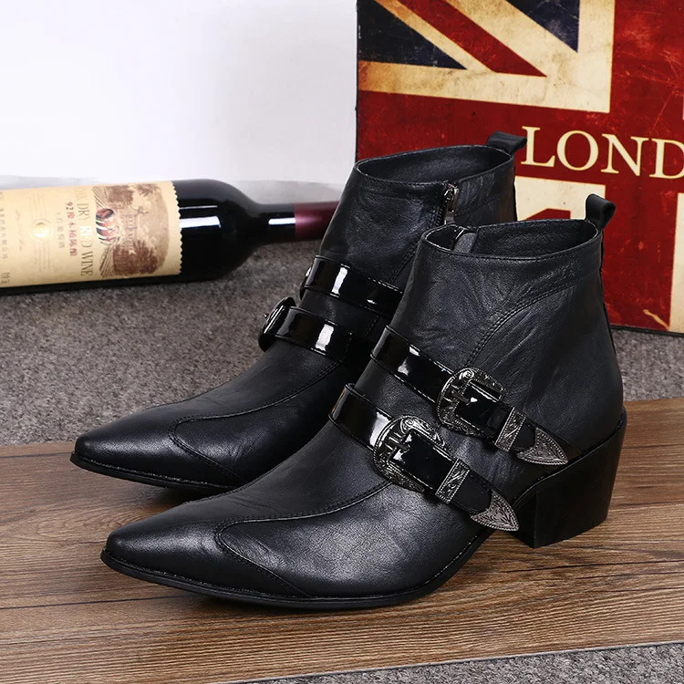 

Fashion Double Buckle Straps Men Ankle Boots Formal Dress Shoes Zipper Pointed Toe Breathable Boots Cowboy Boots