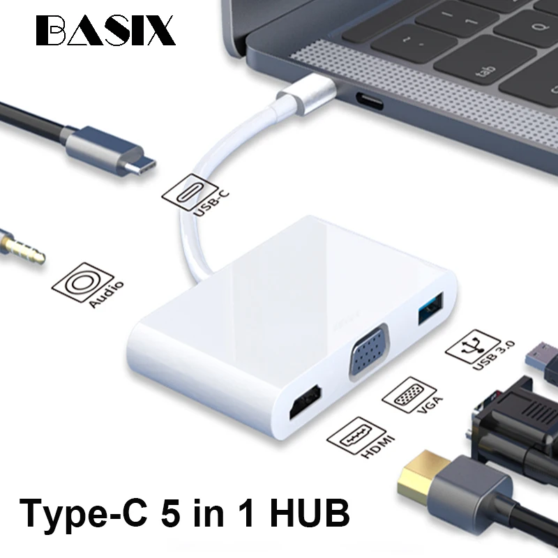 USB C адаптер 5 в 1 Thunderbolt 3 Type концентратор для HDMI VGA мм с источник питания MacBook