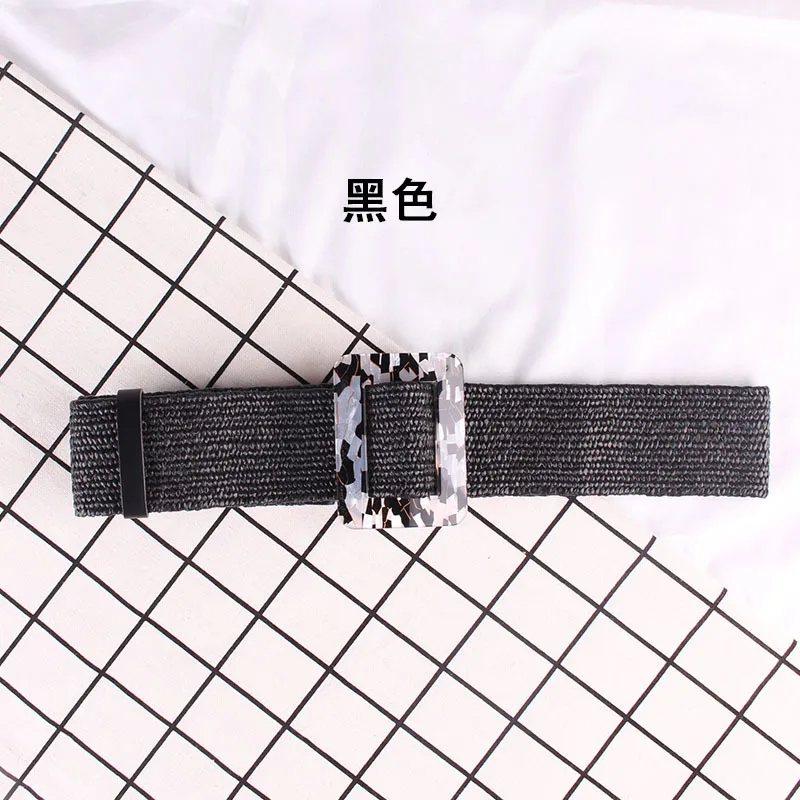 

Summer Elastic Imitation Straw Fabric Waist Belts Square Buckle Adjustable Straw Fabric Waist Bohemia Beach Dress Belts BZ95