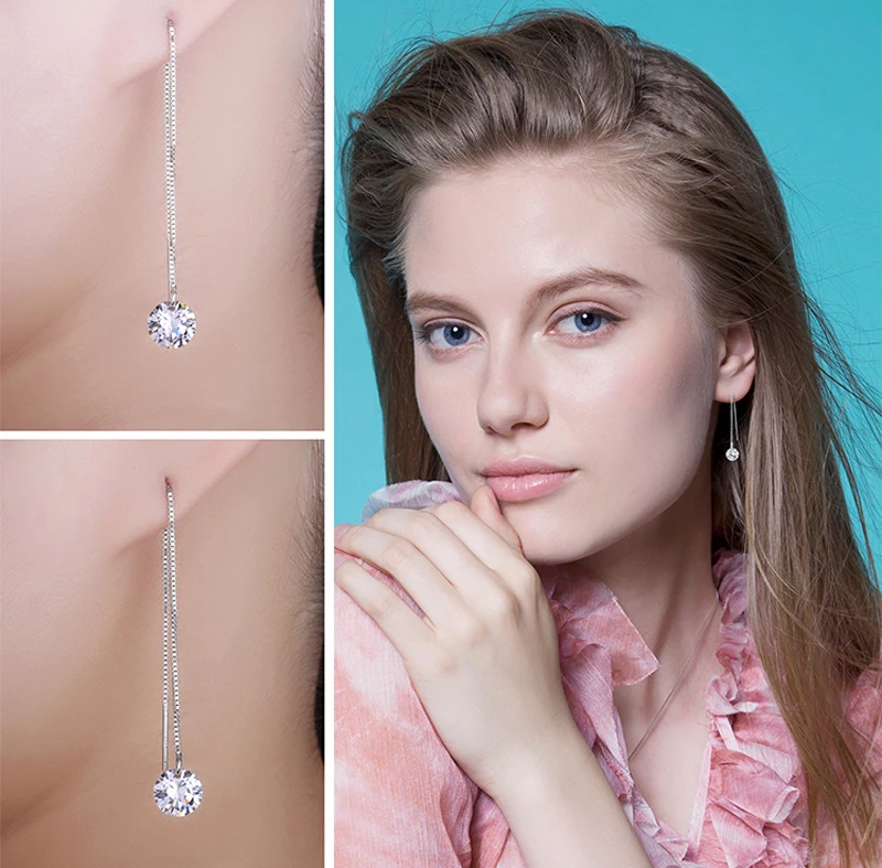 YHAMNI 925 твердая Серебряная подвеска на цепочке Серьги 8 мм кубический цирконий CZ Длинные свадебные серьги для женщин YHE005