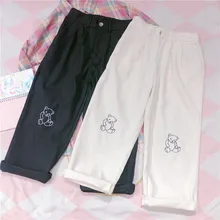 Japanese Kawaii Women Harajuku Korean Teen Girls Loose Thin Bear Embroidery Pants Wild Casual Female Cute Small Fresh Pants