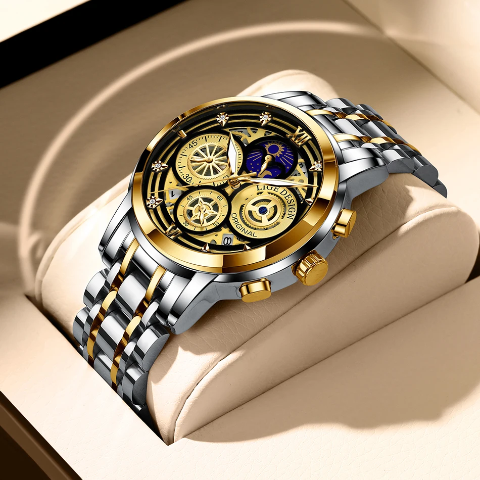 2021 New LIGE Sport Men Watch Top Brand Luxury Gold Stainless Steel Quartz Wrsit Watch Men Fashion Hollow Waterproof Chronograph