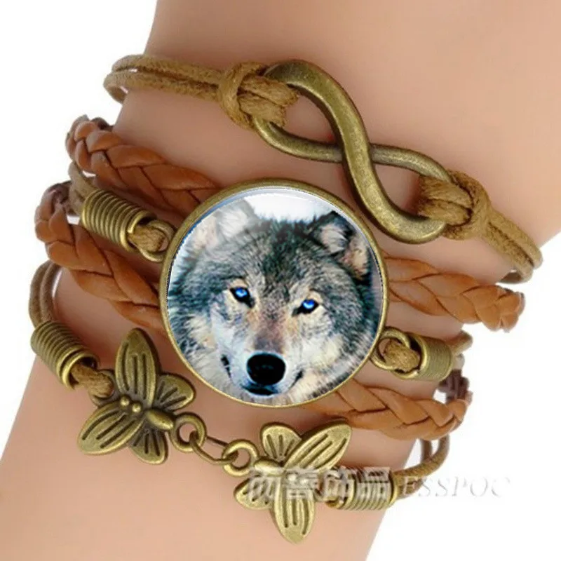 

Retro Punk Style Leather Jewelry Glass Cabochon Moon Wolf Pattern Bracelet Beaded Charm Wrap Bangles for Men Women boys gifts