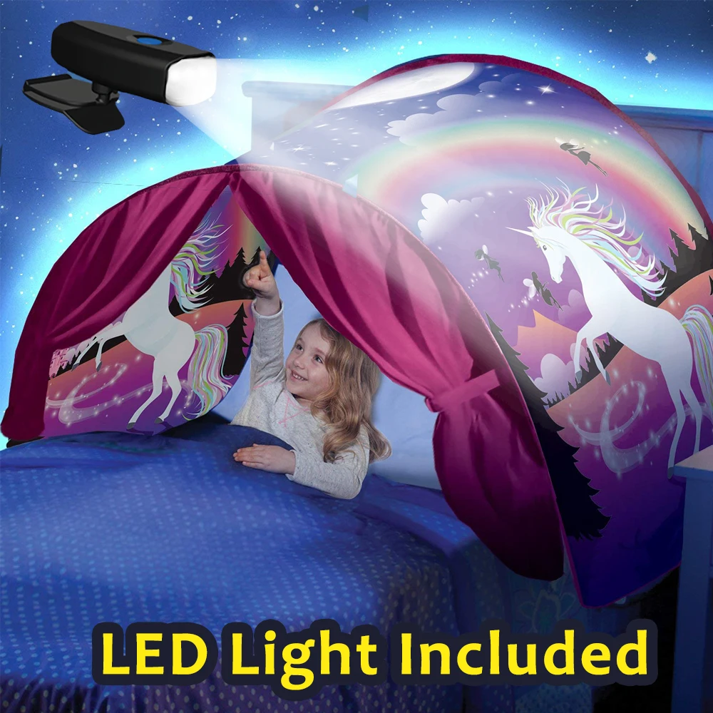 Детская кровать мечты палатки с светильник карман для хранения детей мальчиков девочек ночной спальный складной всплывающий матрас Палатка игровой домик Единорог