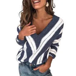WENYUJH джемпер с длинным рукавом Зимний модный полосатый вязаный пуловер Женский Повседневный сексуальный свитер с v-образным вырезом