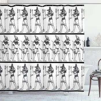 

Black White Egyptian Print Shower Curtain Hieroglyphics Anubis Traditional Cultural Mummy After Life Art Bathroom Curtain
