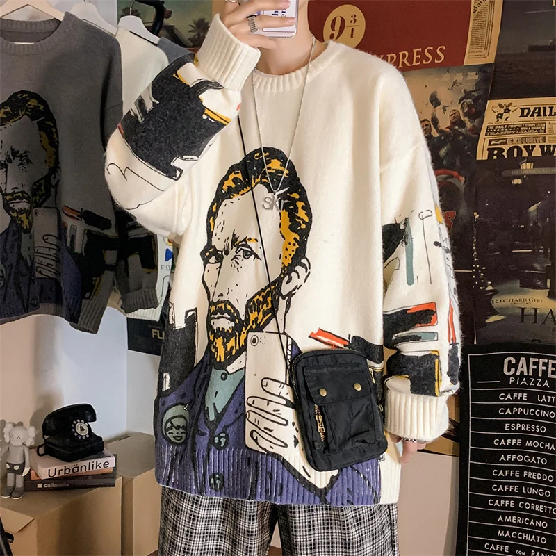 mens pullover sweater Van Gogh Sweater Men Fashion Streetwear Long Sleeve Korean Gengar Clothing Human Kapita Brand Oversized Y2K Women Knit Pullover formal sweater for men