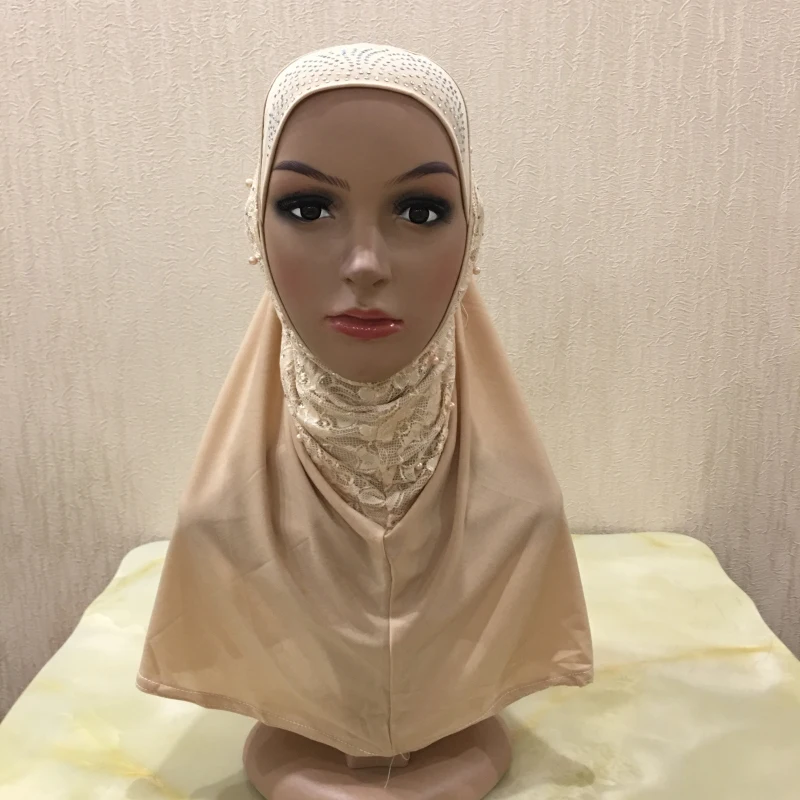 H1333 latest muslim one piece pull on hijab with lace and beads islamic amira muslim scarf arabic headwrap
