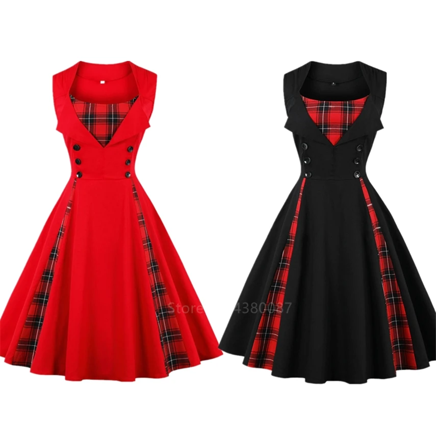 

Vintage Medieval Costumes for Women Scotland Big Tartan Dress Plaid Steampunk Renaissance Sleeveless Rockabilly Clothing