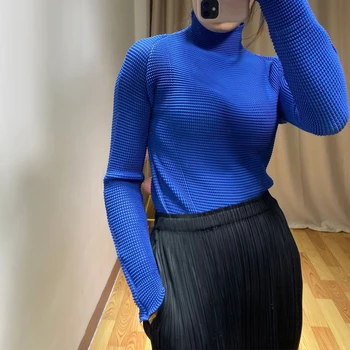 

Autumn MIYAKE pleated half high collar bottoming shirt me series solid color versatile long sleeve high elastic T-Shirt Top