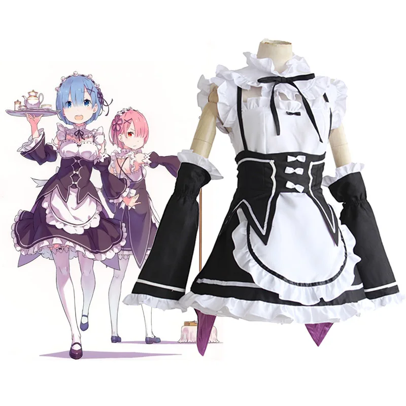 

Re Zero Ram/Rem Cosplay Re:Life In a Different World From Zero Rem Ram Cosplay Costumes Wig Set Maid Servant Dress