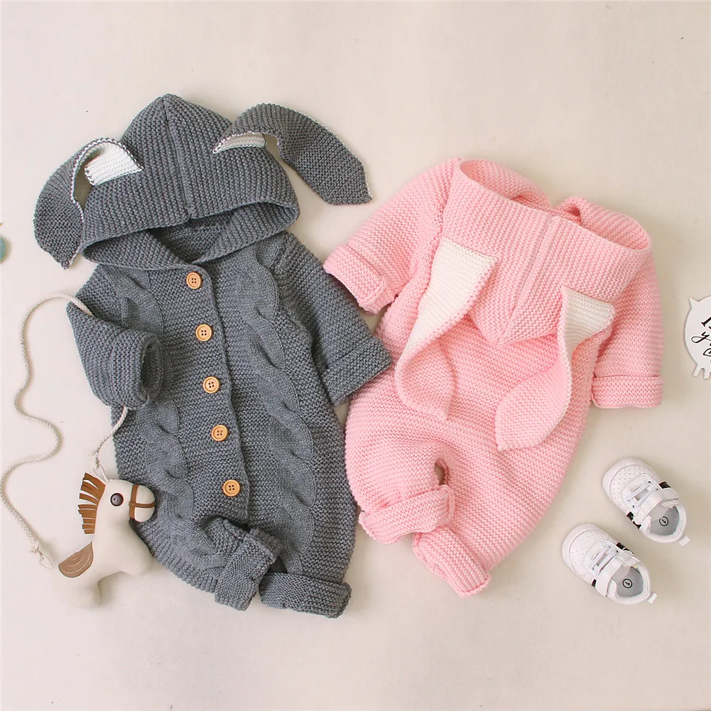 Pudcoco/Детские комбинезоны для малышей, новорожденных мальчиков и девочек, вязаный объемный комбинезон с ушками, свитер с капюшоном, комбинезон с длинными рукавами, зимняя теплая одежда