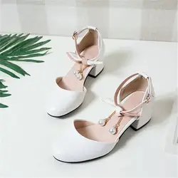 Women Cute Sweet White Crystal High Quality Round Toe Square Heel Pumps Lady Sexy Pearl Deco Comfort Heel Shoes