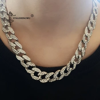 

New Hip Hop Iced Out Paved Rhinestones 30cm-7cm Gold Miami Curb Cuban Chain CZ Bling Rapper Necklaces For Men Jewelry