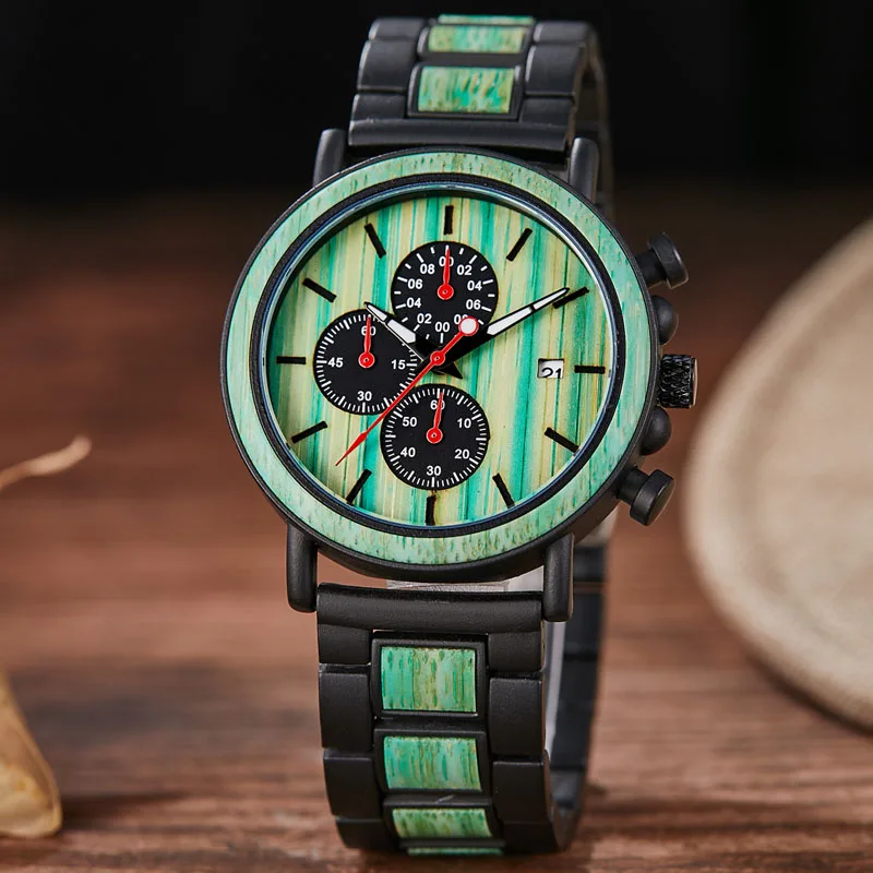 Bamboo Metal Wood Watch for Men Watch Relogio Masculino Chronograph Calendar Date Sport Mens Male Ebony Wooden Quartz Wristwatch