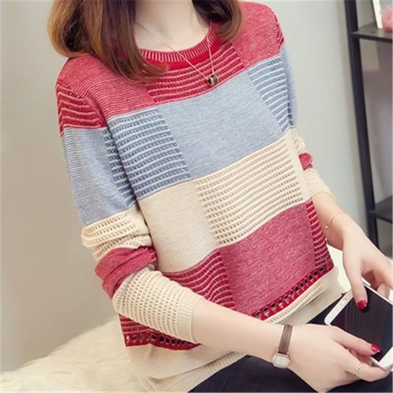 

Loose Striped Long-sleeved Pullover Knitwear Autumn Hollow Sweater Spring Autumn Women Sweater Korean Color Matching