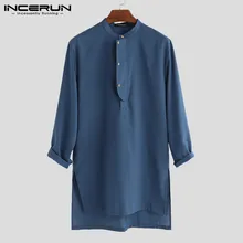 INCERUN, мужская повседневная рубашка, Ретро стиль, длинный рукав, на пуговицах, воротник-стойка, уличная одежда, одноцветные топы, индийский костюм, длинная рубашка для мужчин, 5XL