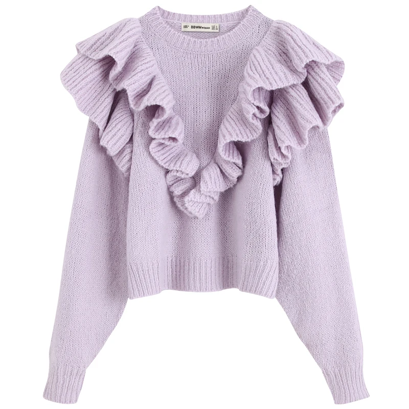 

RR Solid Sweaters Women Fashion Cascading Decorative Sweater Women Elegant O Neck Sweaters Female Ladies HW