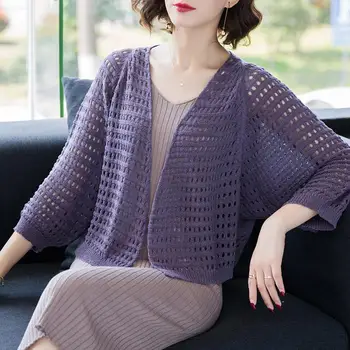 

Loose Hollow Knit Cardigan Sweater Women Short Paragraph Large Size Seven-point Sleeves Plaid Sunscreen Sweater Female Spring