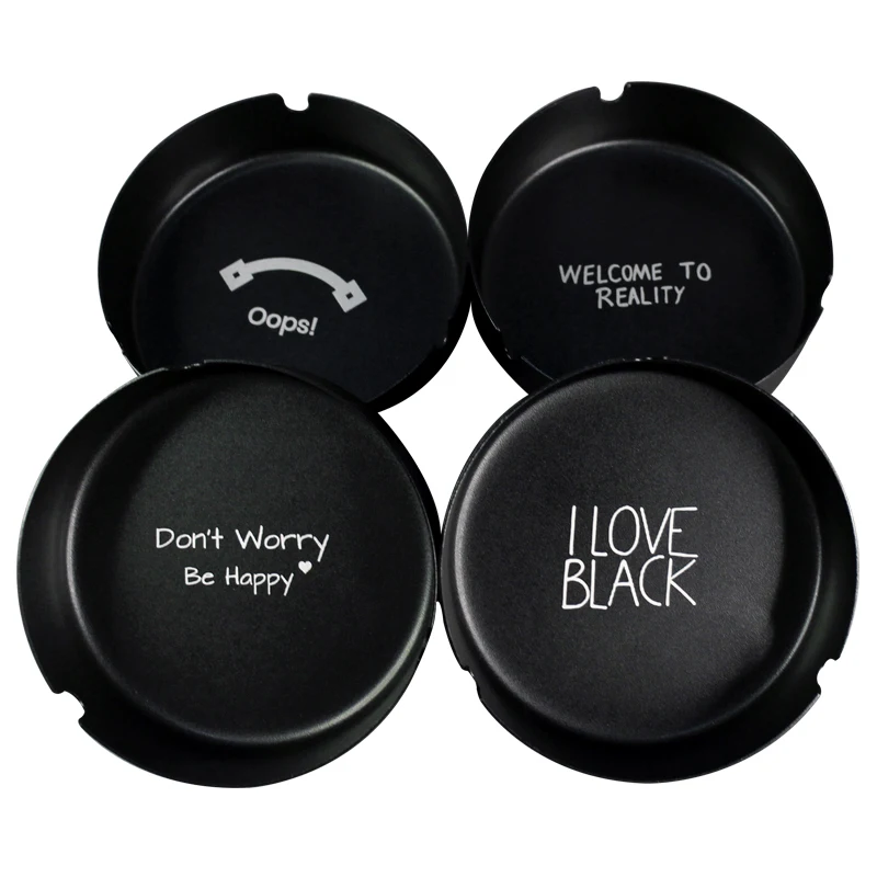 Black Matte Frosted Creative Round Metal Stainless Steel Ashtray For Bar Restaurant Made Laser Engraving Lettering