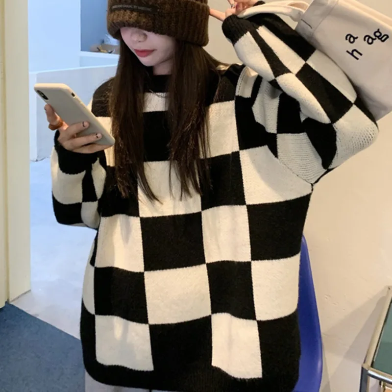 American Checkerboard Pullover Crew Neck Sweater Women's Autumn and Winter Lazy Wind Wear Long Sleeve | Женская одежда