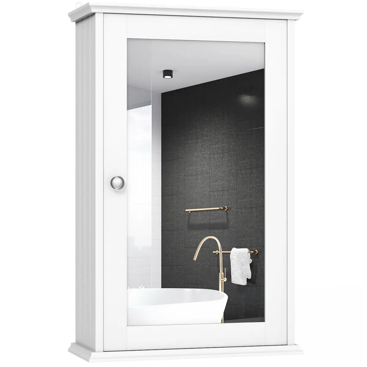 Costway New Bathroom Wall Cabinet Single Mirror Door Cupboard Storage Wood Shelf White