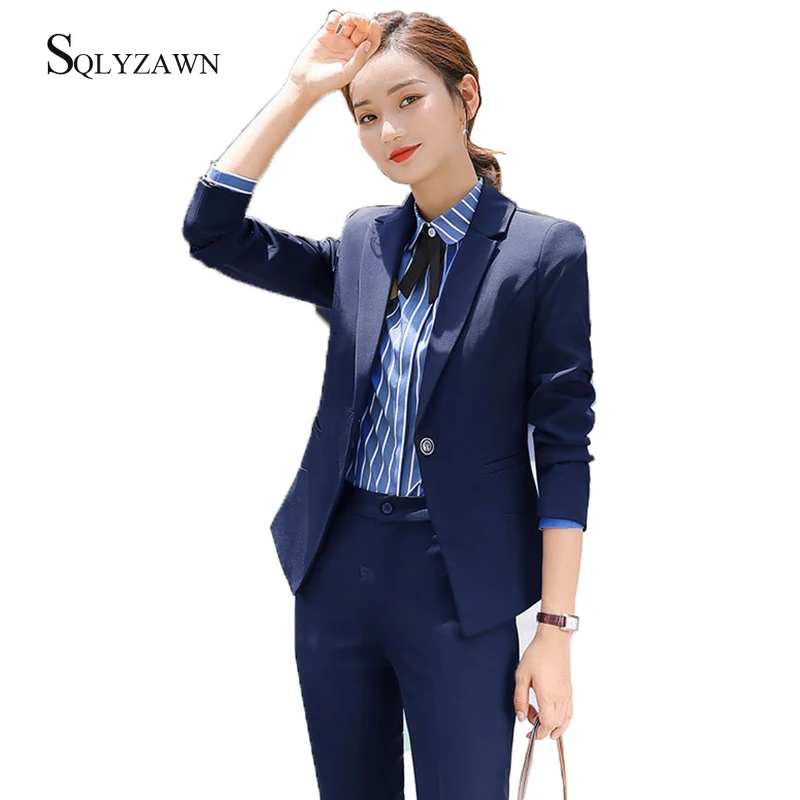 

Women Business Office Lady Trousers Suit Set Autumn Winter Professional Blazer Jacket Pants Elegant Black Blue Uniform Plus Size