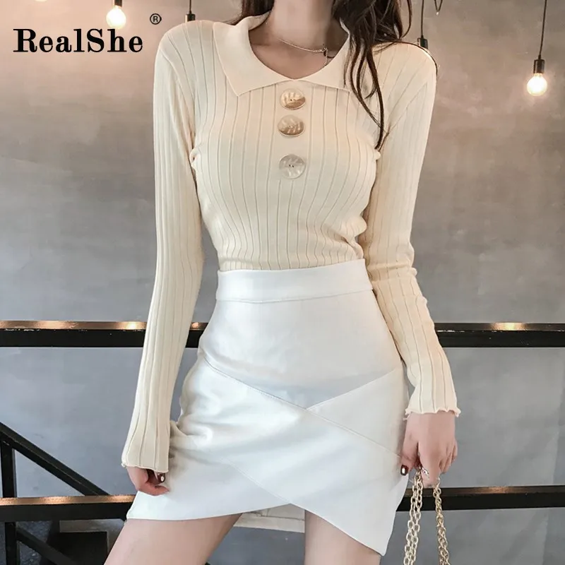 

RealShe Long Sleeve Sweater Women Turn-down Collar Buttons Solid Sweater Women Winter Sweater Woman Pullover 2019 Female Sweater