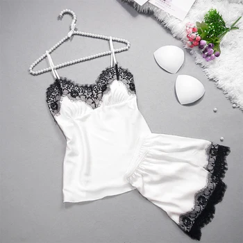 

Women Pajamas Deep V-neck Sexy Spaghetti Strap Shorts Sleepwear Sets Summer Style Women Female Sleep Sets Silk Home Wear