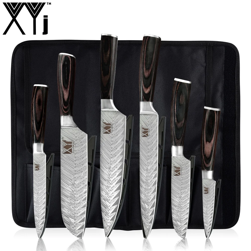 Нож xyj в рулоне и безсатиновые Стальные Кухонные ножи, набор из 6 предметов, Дамасские вены, нож для мяса, кухонные принадлежности, инструмент