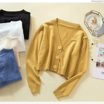 

New Lady Button V-neck Button Cute Crop Top Sweater Knit Street Wear Autumn Winter Knit Yellow Black Cardigan