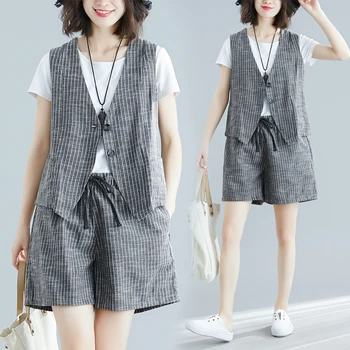 

Women Summer New Fashion Brand Set V-neck Sleeveless Vest Jackets Elastic Waist Shorts Two Pieces Office Lady Casual Striped Set