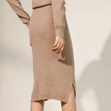 HLICYUM Женская кашемировая однотонная прямая юбка Женская Осень Зима Высокая талия облегающая винтажная Сплит плотная эластичная юбка