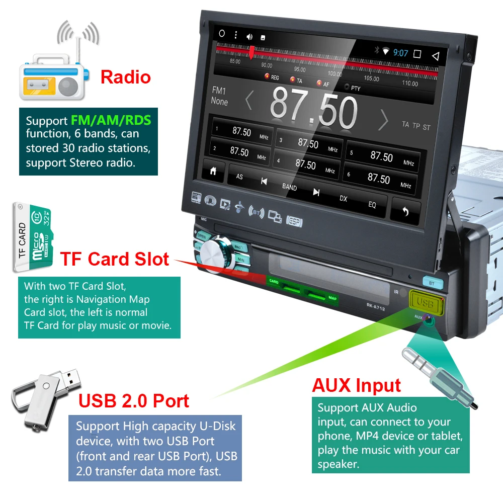 LeeKooLuu 1 Din Android 7,1 Автомагнитола с авто выдвижным экраном универсальное радио Bluetooth Wifi Mirrorlink gps Автомобильный мультимедийный