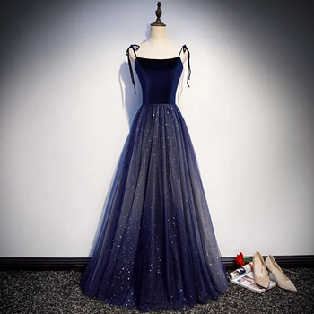 

Navy Blue Lace Women Exquisite Qipao Formal Party Gown Velvet Patchwork Bling Elegant Sexy Lady Off Shoulder Chinese Prom Dress